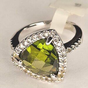 Faceted Green Peridot Rhinestone Silver Tone Ring Size 6